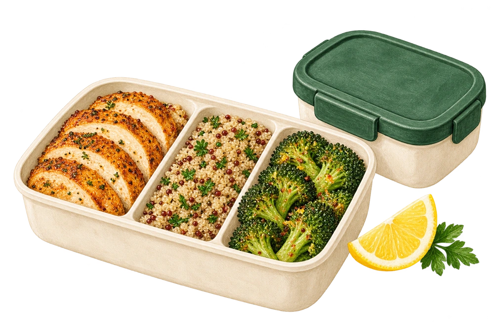 Illustration of a meal-prep container with chicken, grains, broccoli and lemon